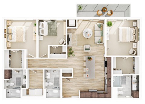 Floor plan for 3 beds, 3 baths, 1408 sqft